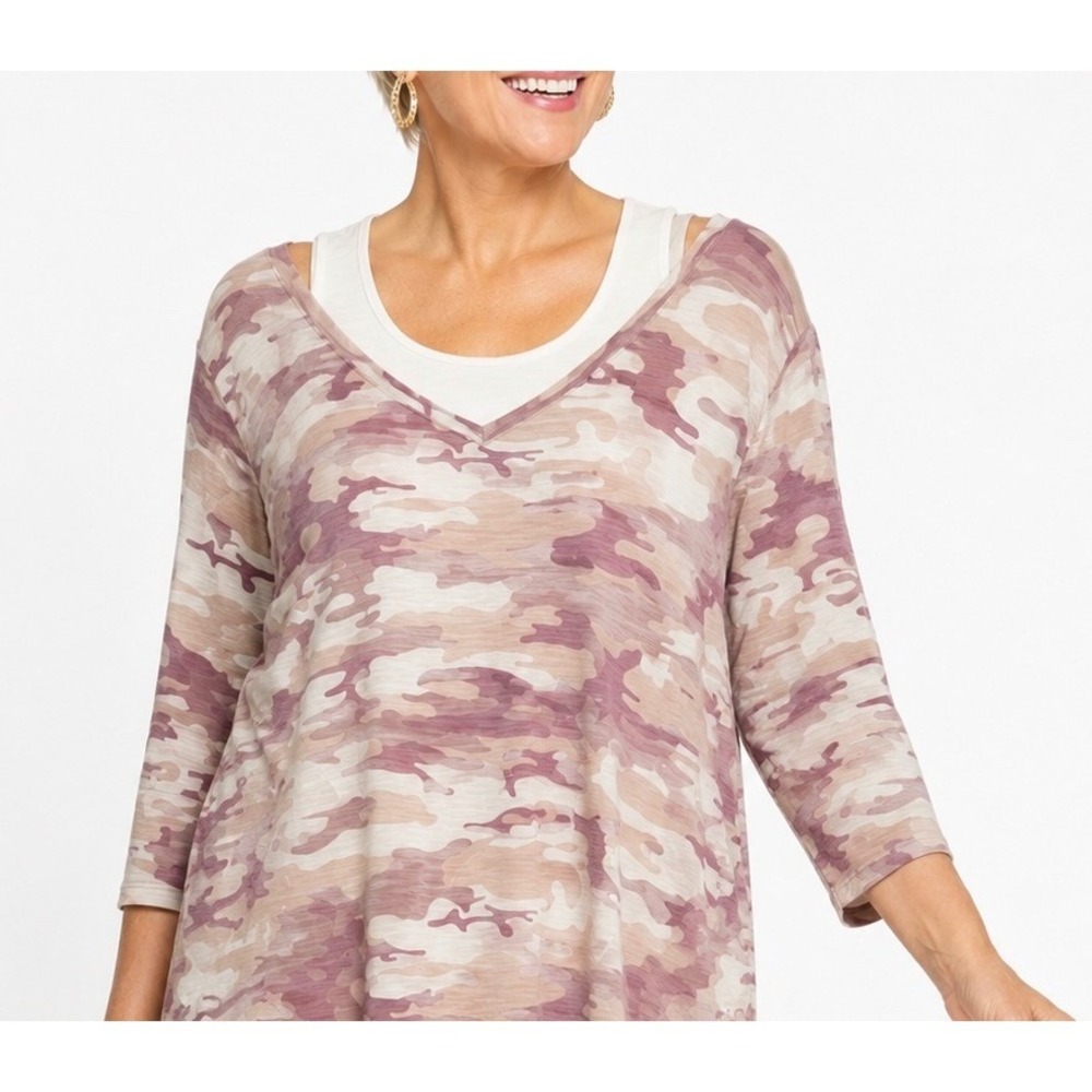 Belle by Kim Gravel Womens 3X Pink Camo 3/4 Sleeve Layered V-Neck Side Tie Top
